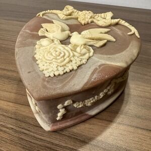 Vintage Incolay Stone Rose Heart Cameo Jewelry Box Doves Roses Velvet Lined 6x6"